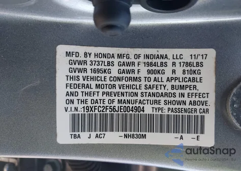 2018 Honda Civic Lx from USA, damaged, VIN 19XFC2F56JE004904